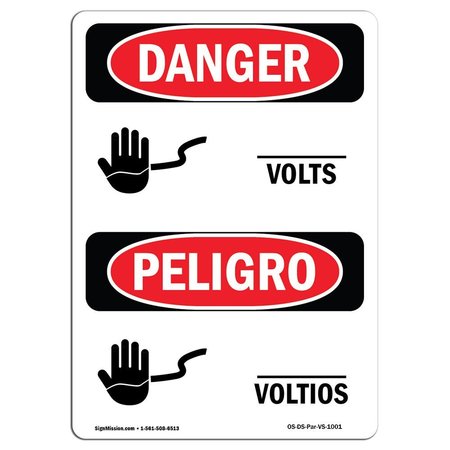 Safety Sign, OSHA Danger, 10 Height, Aluminum, Custom Volts Bilingual Spanish